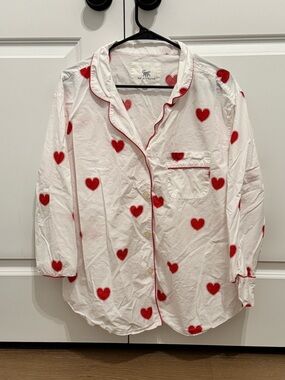 Printfresh White Pajama Top with Red Heart Print and Red Piping